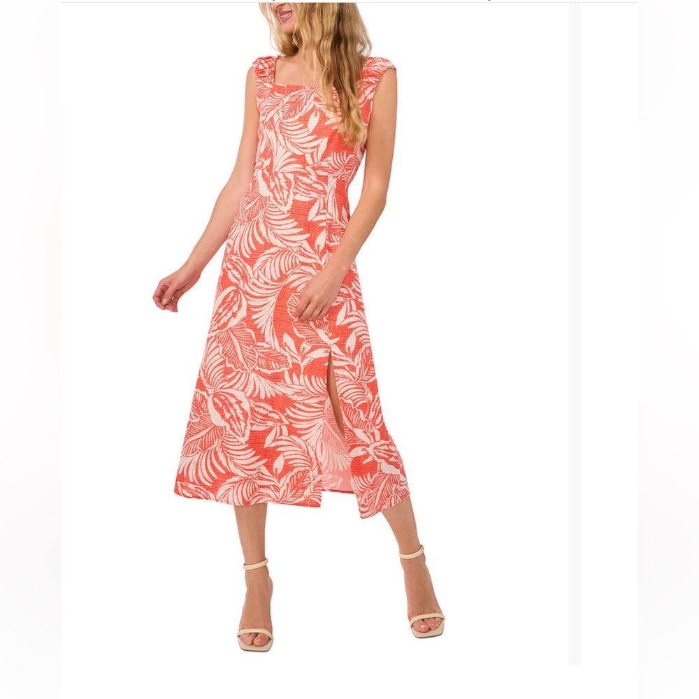 CeCe Coral Leaf Print Midi Dress